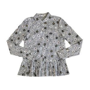 Opening Ceremony Peplum Ruffle Hem Long Sleeve Striped Floral Button Down Shirt